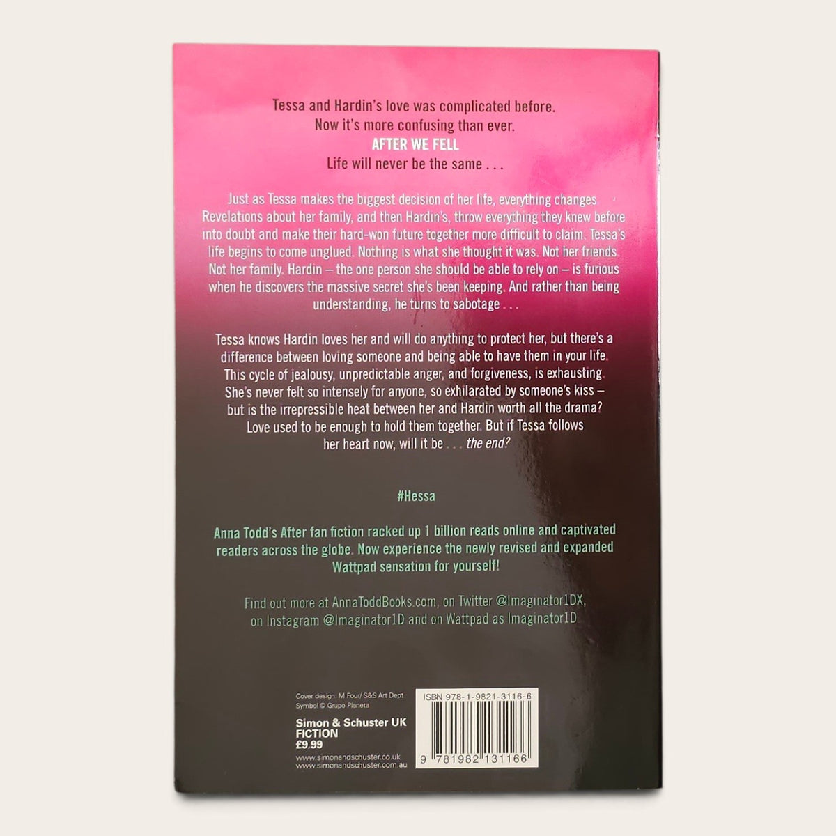 The back cover of the book 'After We Fell' by Anna Todd, published by Simon & Schuster UK. The cover features a split design with a vibrant pink top half and a dark brown bottom half with white text.