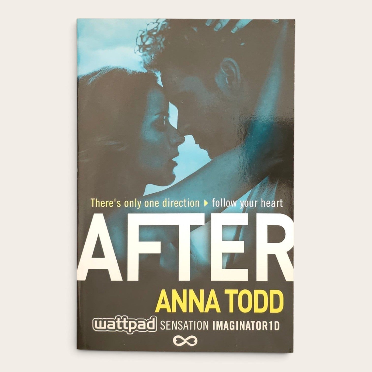 A paperback book titled 'AFTER' by Anna Todd, featuring a romantic cover design with a couple's faces in profile against a blue-toned background. The title 'AFTER' is printed in large white letters, with 'ANNA TODD' in yellow and the 'wattpad' logo at the bottom.
