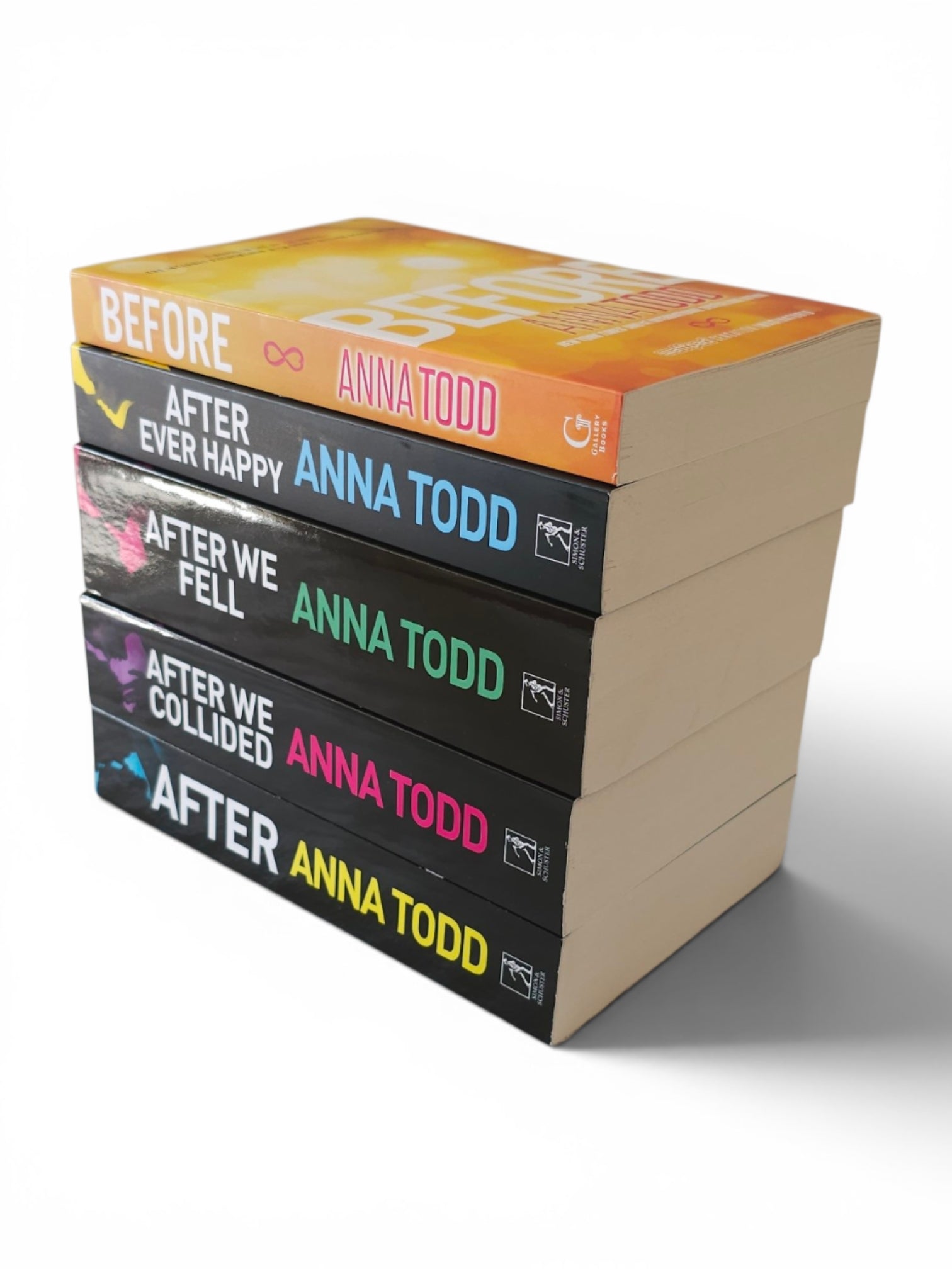 A stack of five Anna Todd books on a clean white background. The set includes 'Before' with a yellow-orange cover, and four 'After' novels with black covers and colorful title text in blue, green, pink, and yellow.