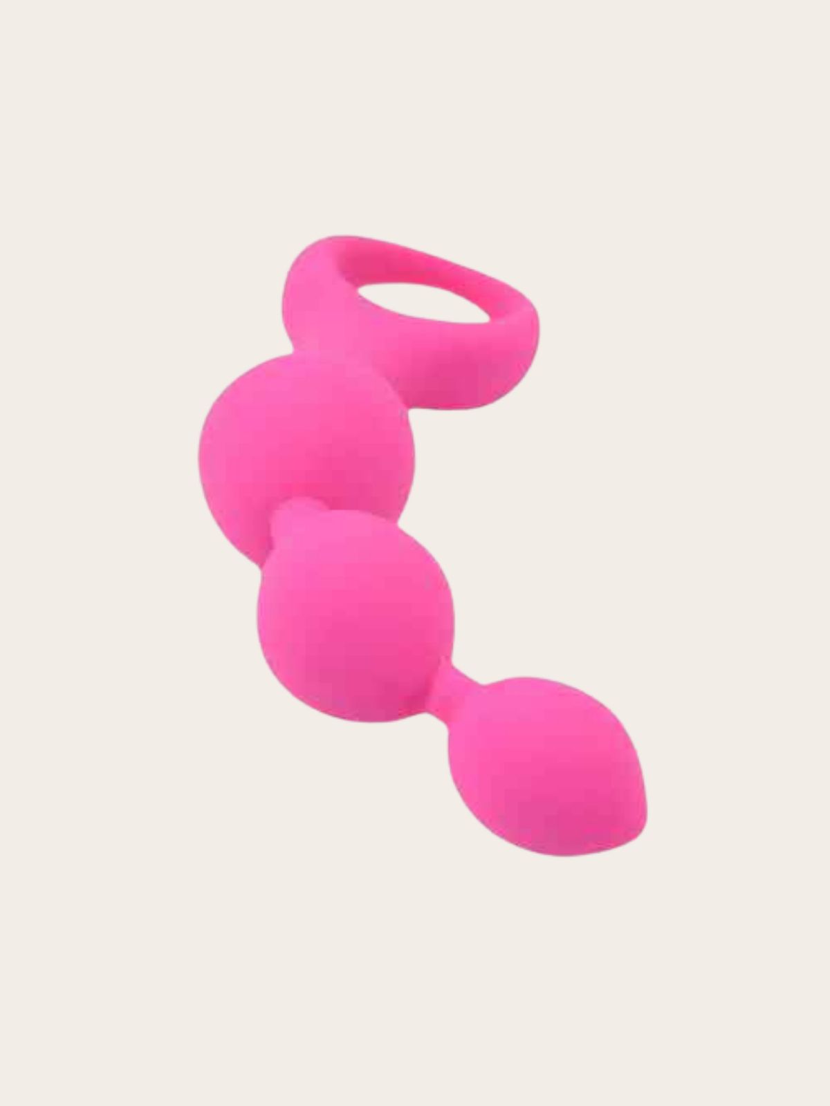 Bright pink silicone anal beads with a ring and three bulbous segments, shown on a plain light beige background.