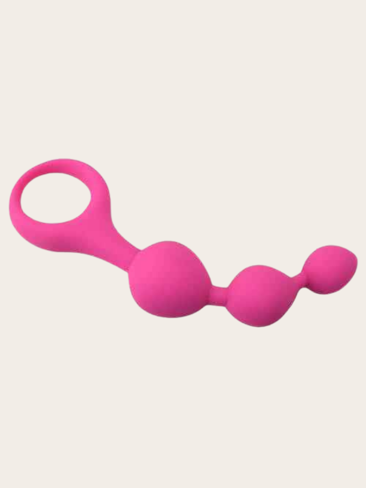 Bright pink silicone anal beads with a flared ring and three bulbous segments, shown on a plain light beige background.