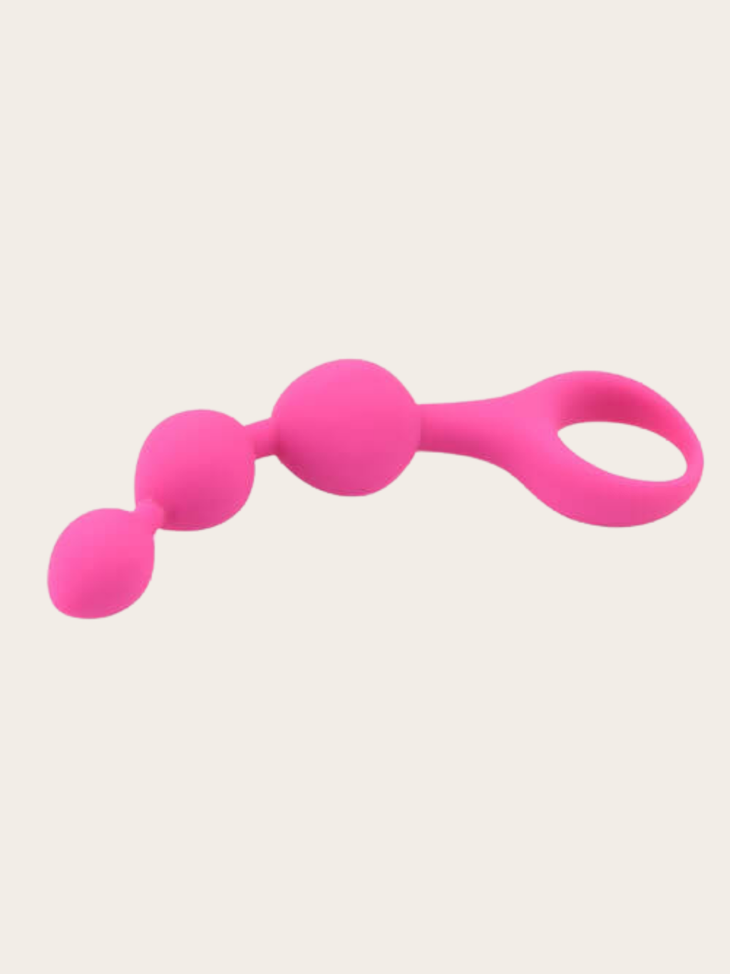Bright pink silicone anal beads with a triple-bead entry design and a flared ring base, shown on a solid light beige background.