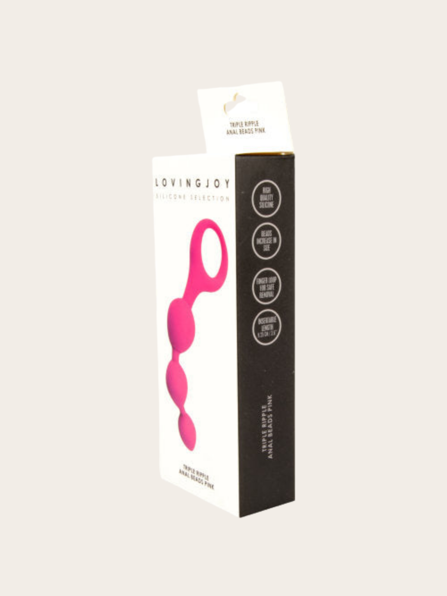 Bright pink anal beads in a white and black box