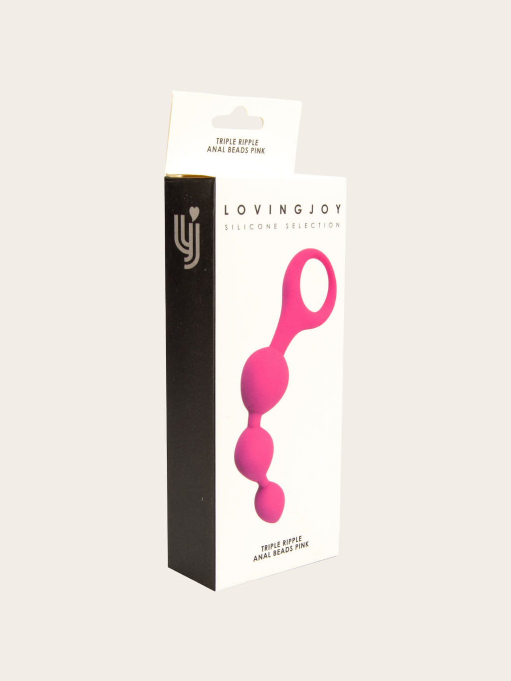 A boxed pink silicone anal propper from LovingJoy, shown in its retail packaging against a light beige background.