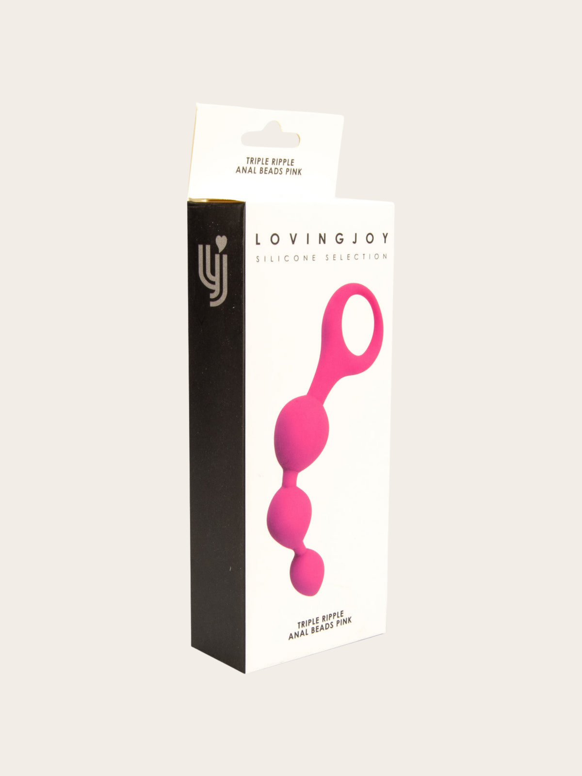 A boxed pink silicone anal propper from LovingJoy, shown in its retail packaging against a light beige background.