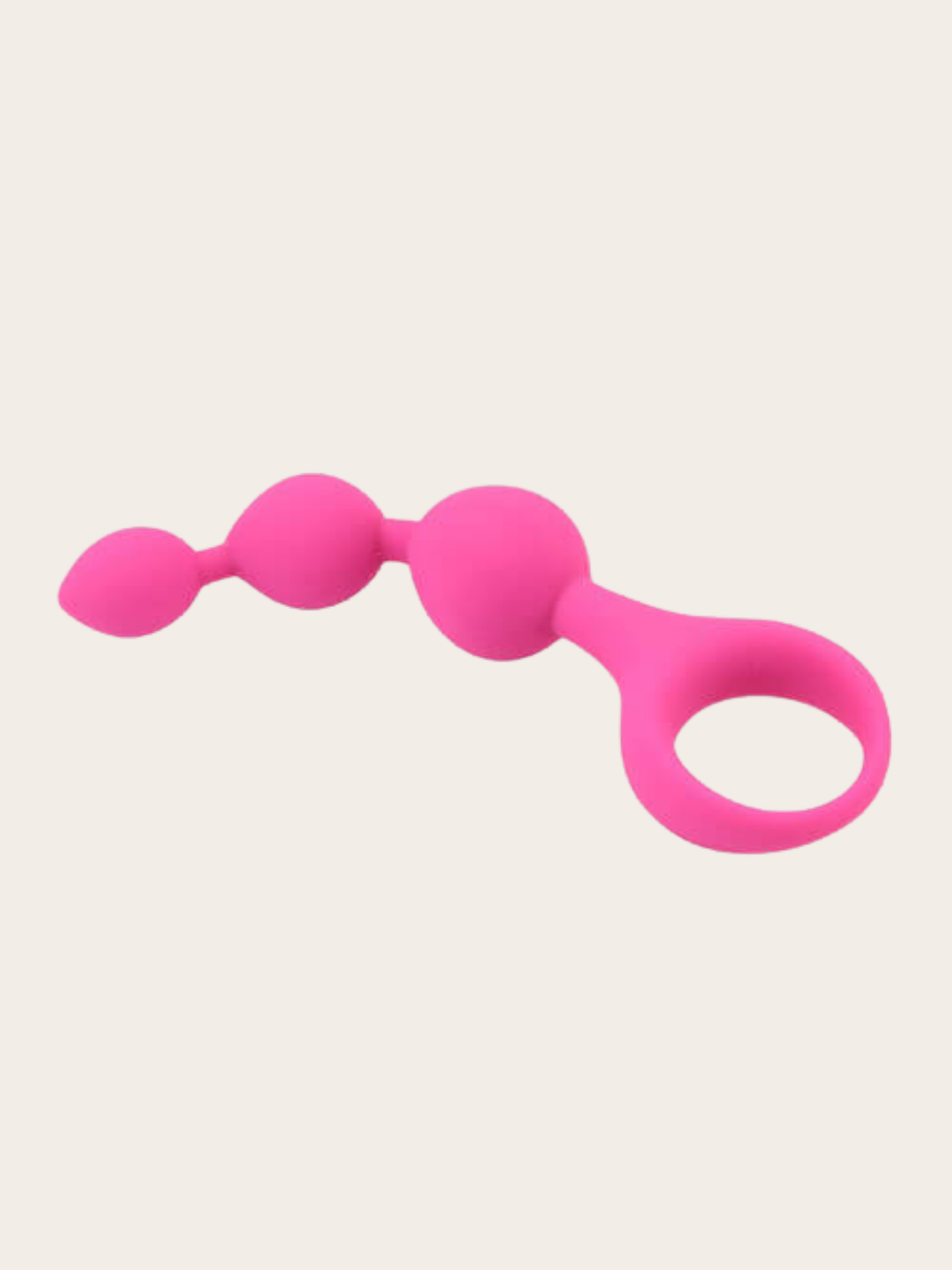 Bright pink silicone anal beads with a flared ring base and three progressively larger bulbous segments, shown on a plain light beige background.