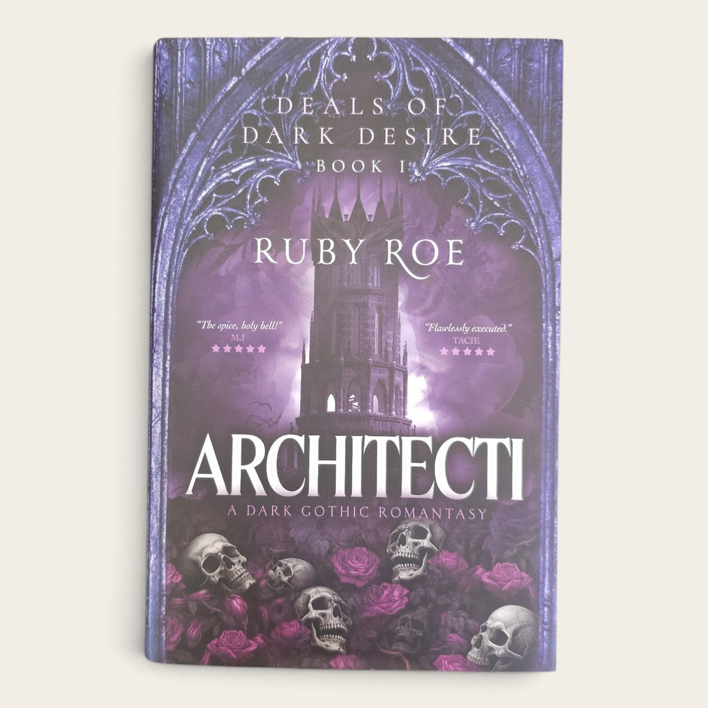 The book cover of 'Architecti' by Ruby Roe, featuring a gothic illustration of a tower under a purple archway with skulls and pink roses at the bottom.
