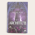 The book cover of 'Architecti' by Ruby Roe, featuring a gothic illustration of a tower under a purple archway with skulls and pink roses at the bottom.