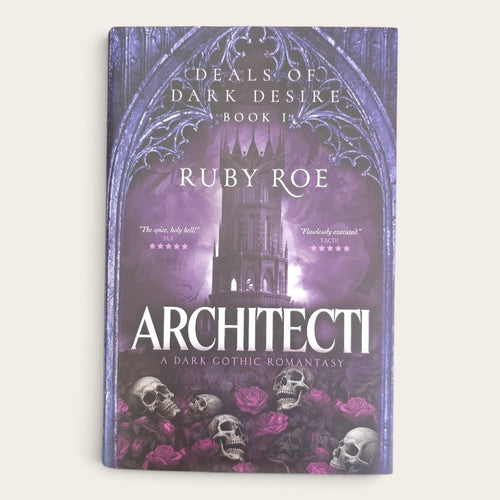 The book cover of 'Architecti' by Ruby Roe, featuring a gothic illustration of a tower under a purple archway with skulls and pink roses at the bottom.