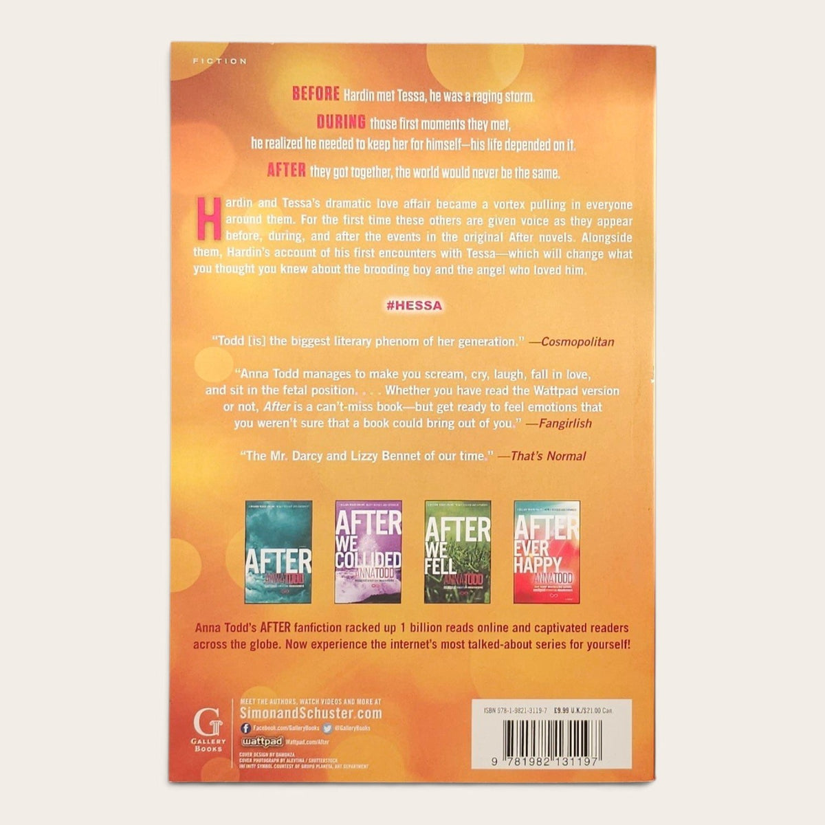 The back cover of the book 'After' by Anna Todd, featuring a warm orange and yellow gradient background with synopsis text, review quotes, three book cover thumbnails, and a barcode.
