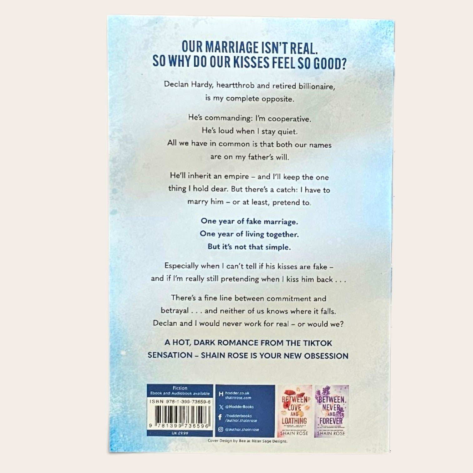 The back cover of a book titled 'Between Commitment and Betrayal' by Shain Rose, featuring a light blue textured background with black text, a barcode, and author and publisher logos at the bottom.
