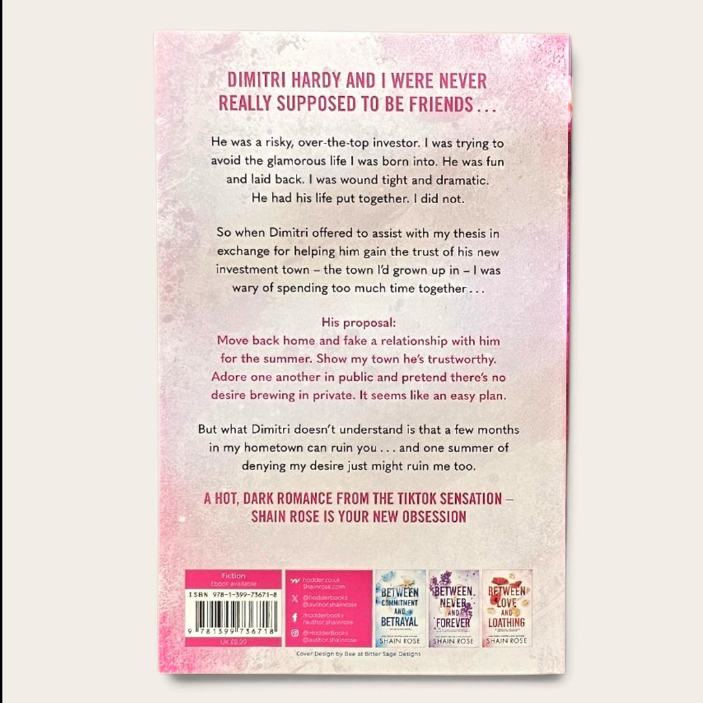 The back cover of a book titled 'Between Desire and Denial' by Shain Rose, displayed against a light beige background. The cover features a pink and white textured background with black and pink text, a barcode, and publisher logos at the bottom.