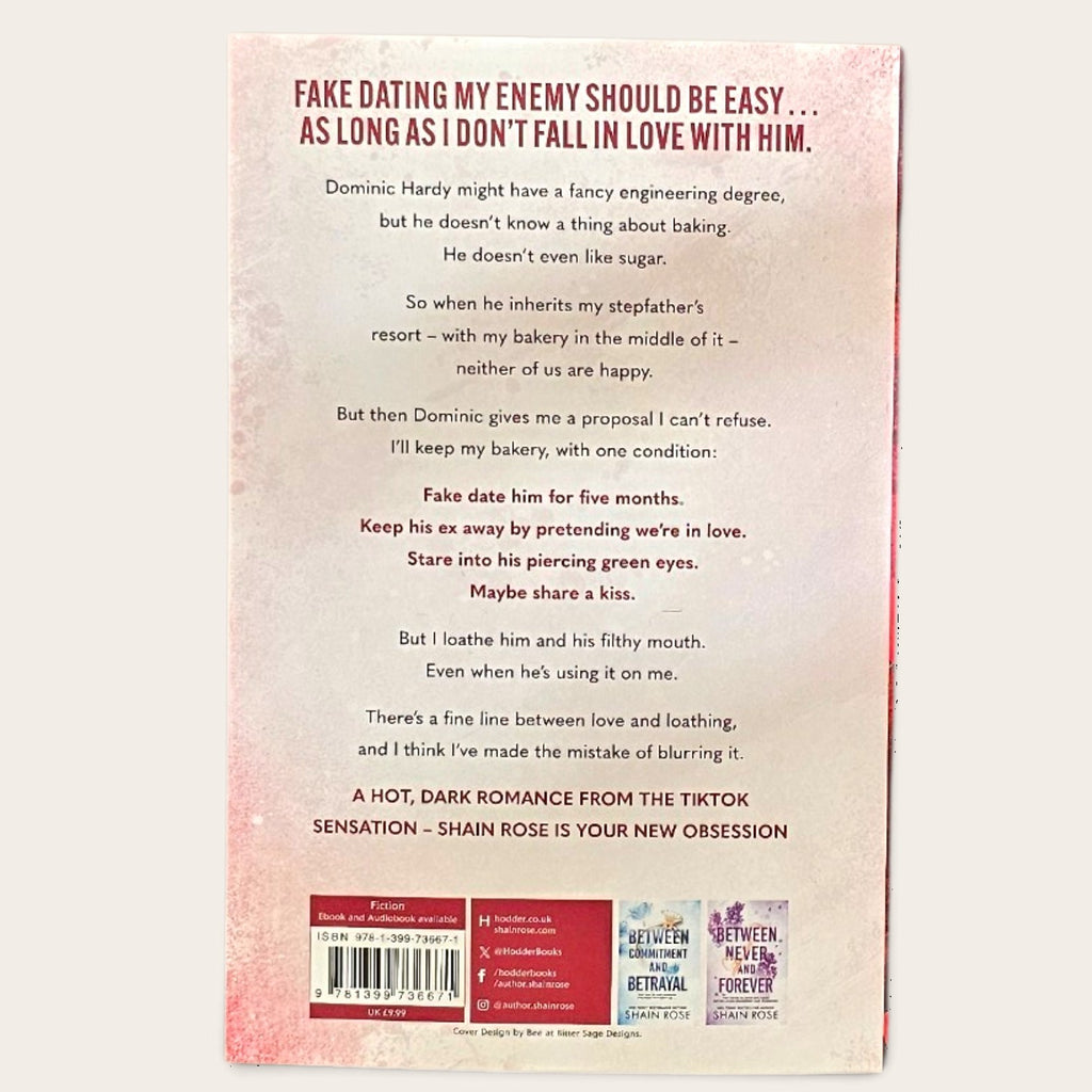 The back cover of the book 'Between, Never' by Shain Ross, featuring a pink and white textured background with a poem about a stepfather and bakery, a barcode, and publisher logos at the bottom.