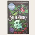 Book cover of 'Bitterthorn' by Kat Dunn, featuring a dark background with a skull, green leaves, thorns, a bird, and a red tower, plus a blue NERO Book Awards shortlist badge.