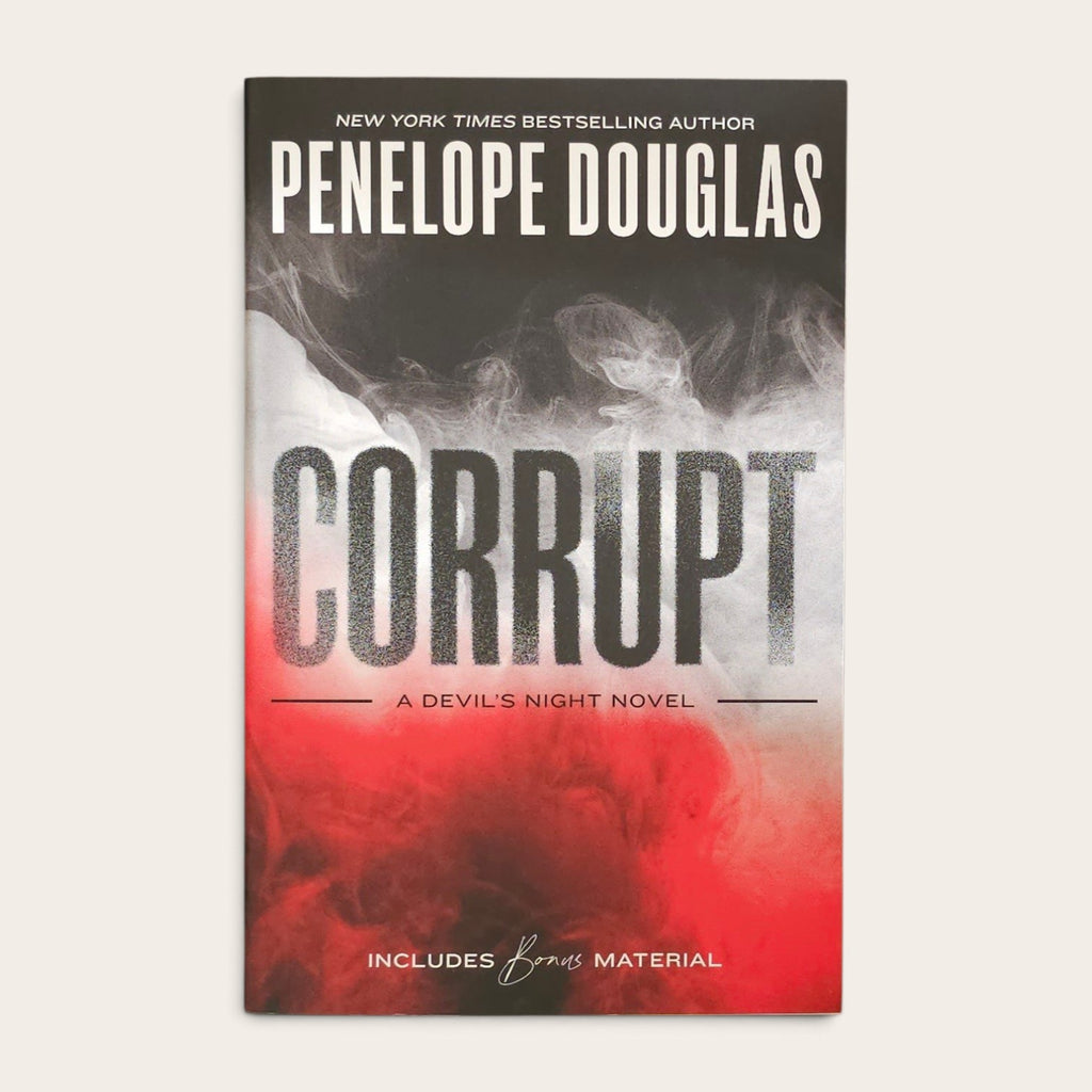 The book cover of 'Corrupt' by Penelope Douglas, featuring a dramatic red and black smoky design with the title in large textured letters, shown on a light beige background.