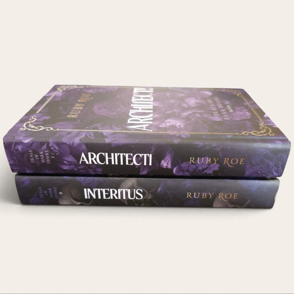 Two hardcover books stacked on a light beige background: the top book is titled 'ARCHITECTI' and the bottom is 'INTERITUS', both by Ruby Roe. The covers and spines feature a dark purple floral pattern with gold decorative borders and white title text.