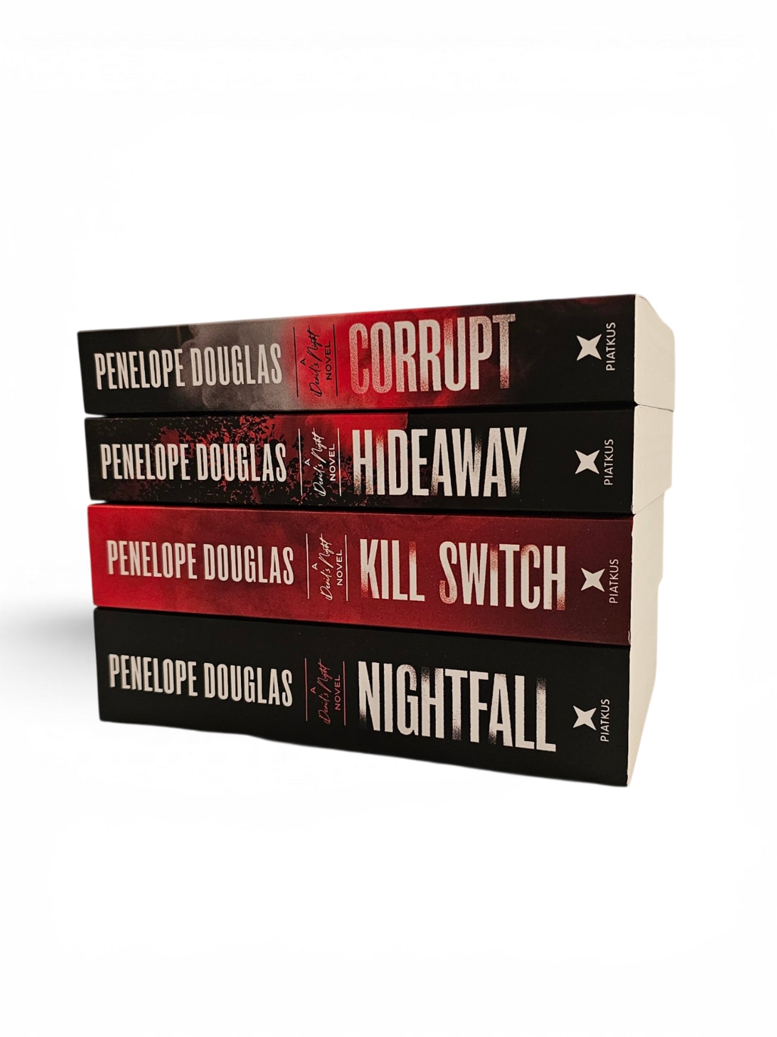 A stack of 4 books from the Devil's Night series by Penelope Douglas. Featuring Corrupt, Hideaway, Kill Switch and Nightfall