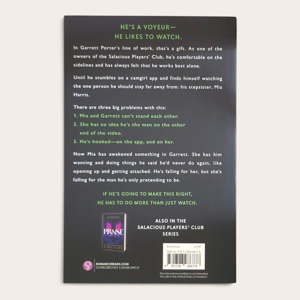 The back cover of the paperback book 'Eyes On Me by Sara Cate. The cover is black with green text and a purple publisher logo block at the bottom.