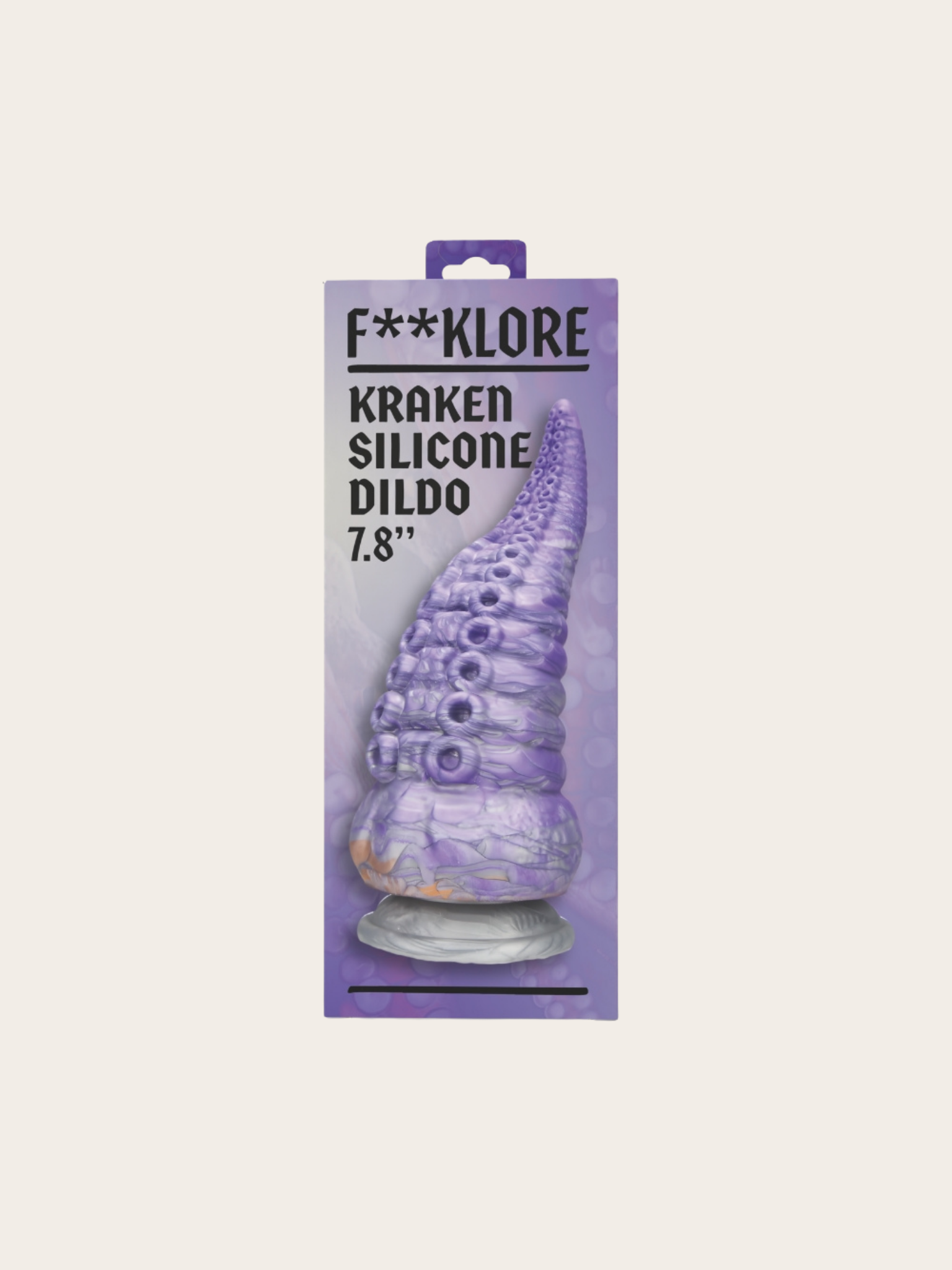 A packaged purple silicone dildo on a light beige background. The product is in its retail packaging, featuring a purple card with black text that reads 'f**kloRE' and 'KRAKEN SILICONE DILDO 7.8"