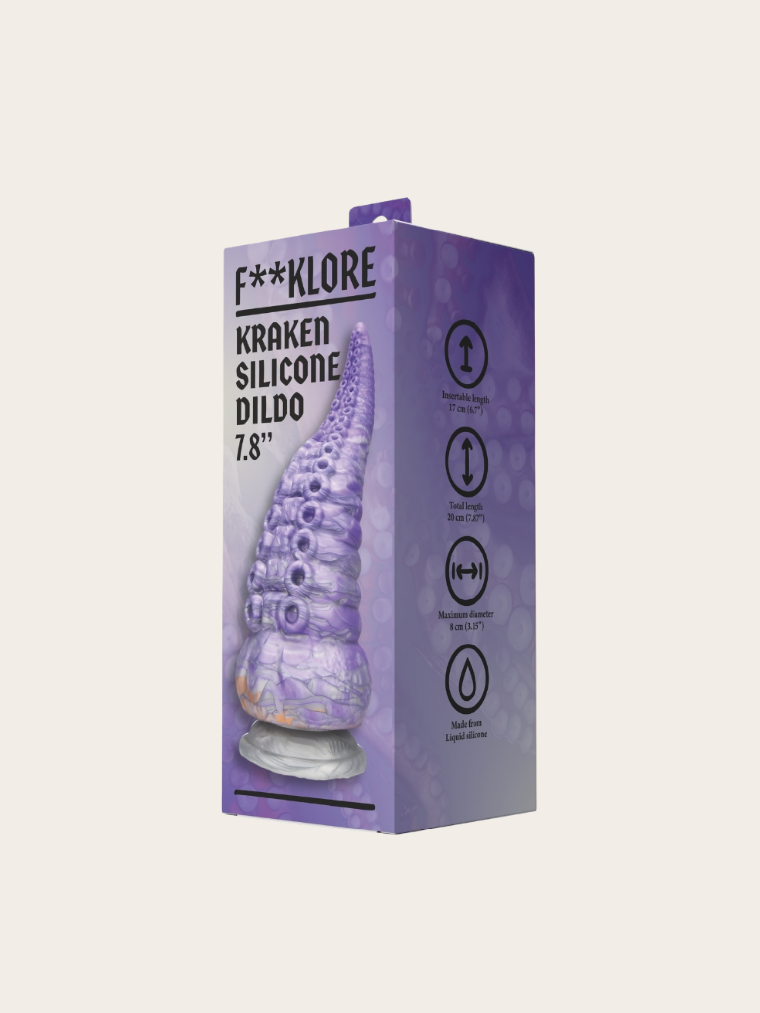 Purple packaging box for the F**KLORE Kraken Silicone Dildo, featuring a graphic of the purple tentacle dildo on the front and product feature icons on the side, set against a solid off-white background.