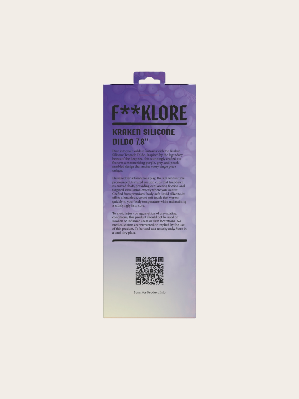 A purple and lavender rectangular product box for F**KLORE Kraken Silicone Dildo 7.8" with black text and a QR code, shown against a solid off-white background.
