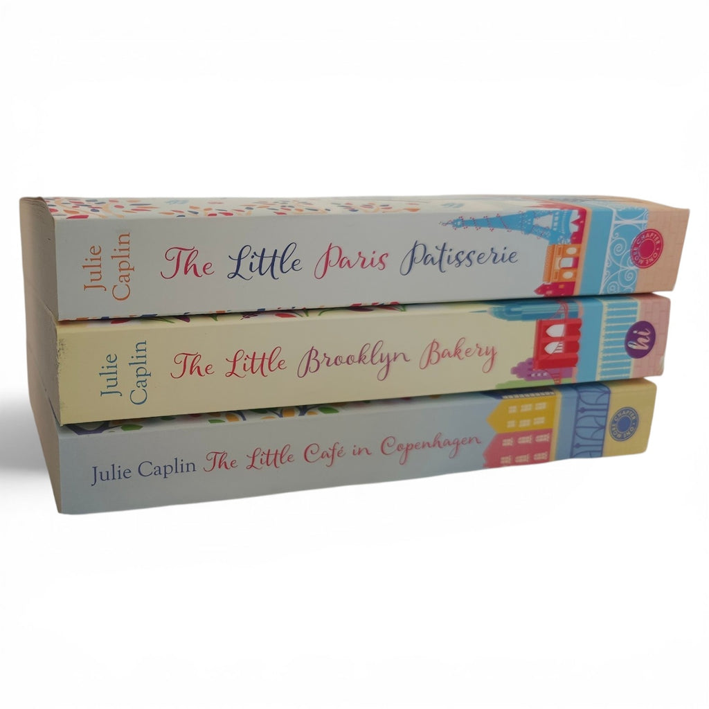 Three Paperback books stacked horizontally on a white background: 'The Little Paris Pastisserie' by Julie Caplin, 'The Little Brooklyn Bakery' by Julie Caplin, and 'The Little Cafe in Copenhagen' by Julie Caplin.