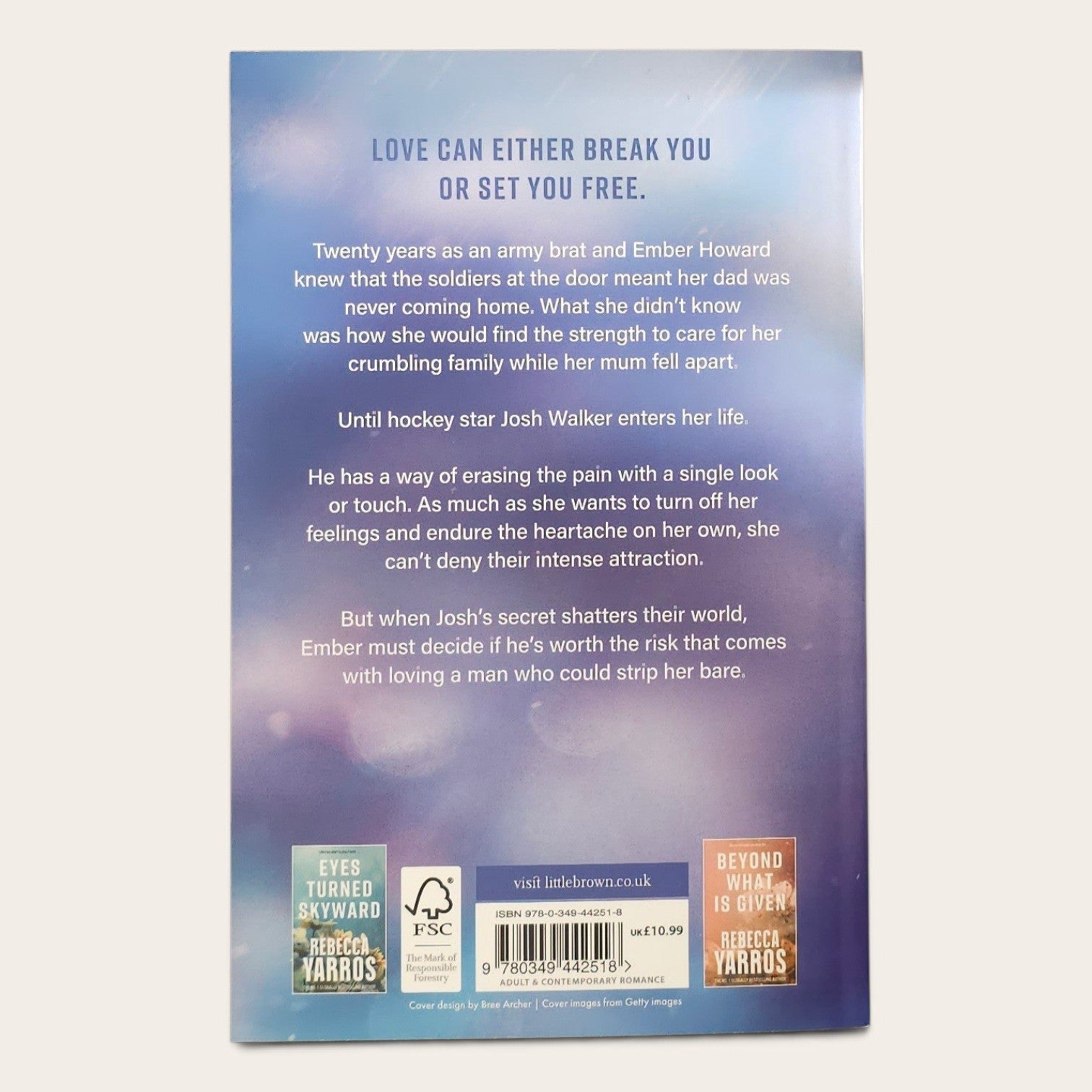 The back cover of a book titled Full Measures by Rebecca Yarros, featuring a blue and purple gradient background with white text and publisher logos at the bottom.