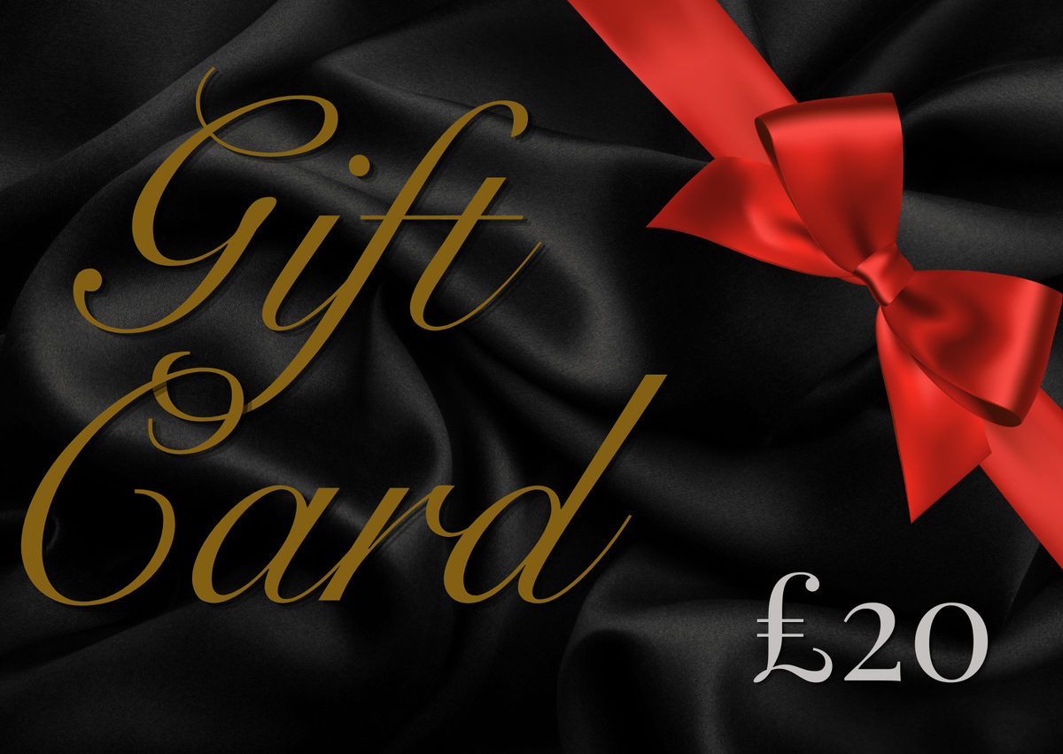 A 20 pound gift card featuring elegant gold cursive text reading 'Gift Card' on a black satin background, accented by a red ribbon bow and the denomination '£20' in white.