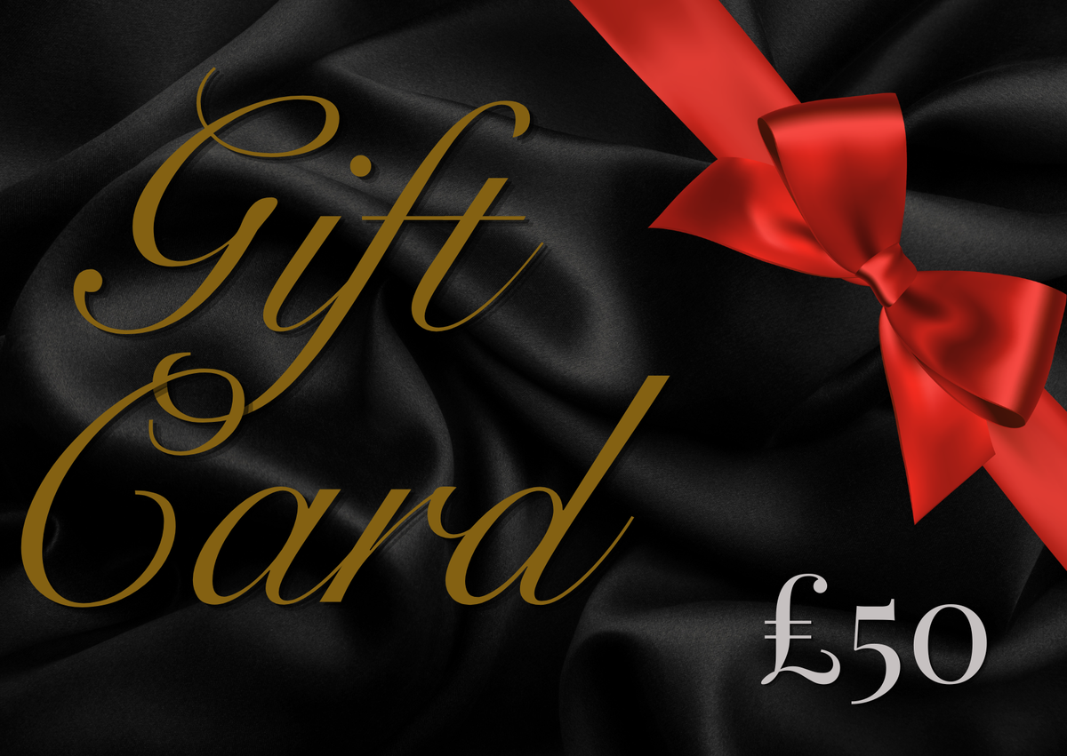 A 50 pound gift card featuring elegant gold cursive text reading 'Gift Card' on a black satin background, accented with a red ribbon bow and the amount '£50' in white.