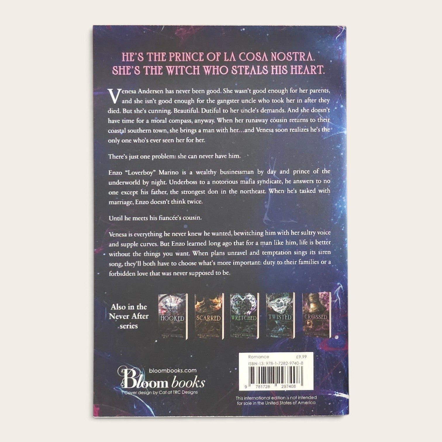 The back cover of the book 'Hexed' by Emily McIntire, published by Bloom Books, shown against a light beige background. The cover features a dark blue and purple gradient background with pink title text and white descriptive text.