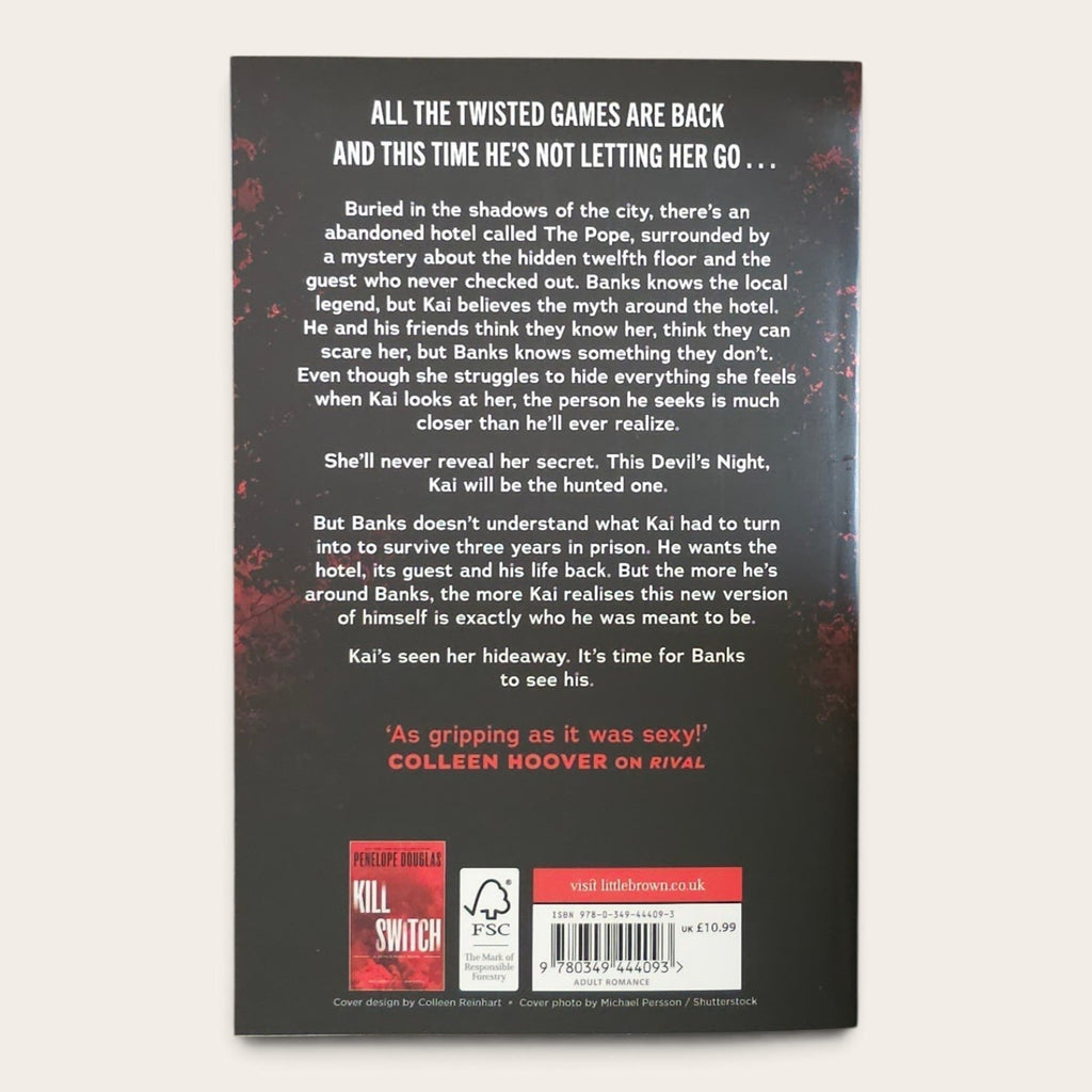 The back cover of the book 'Hideaway by Penelope Douglas, photographed flat against a light gray background.