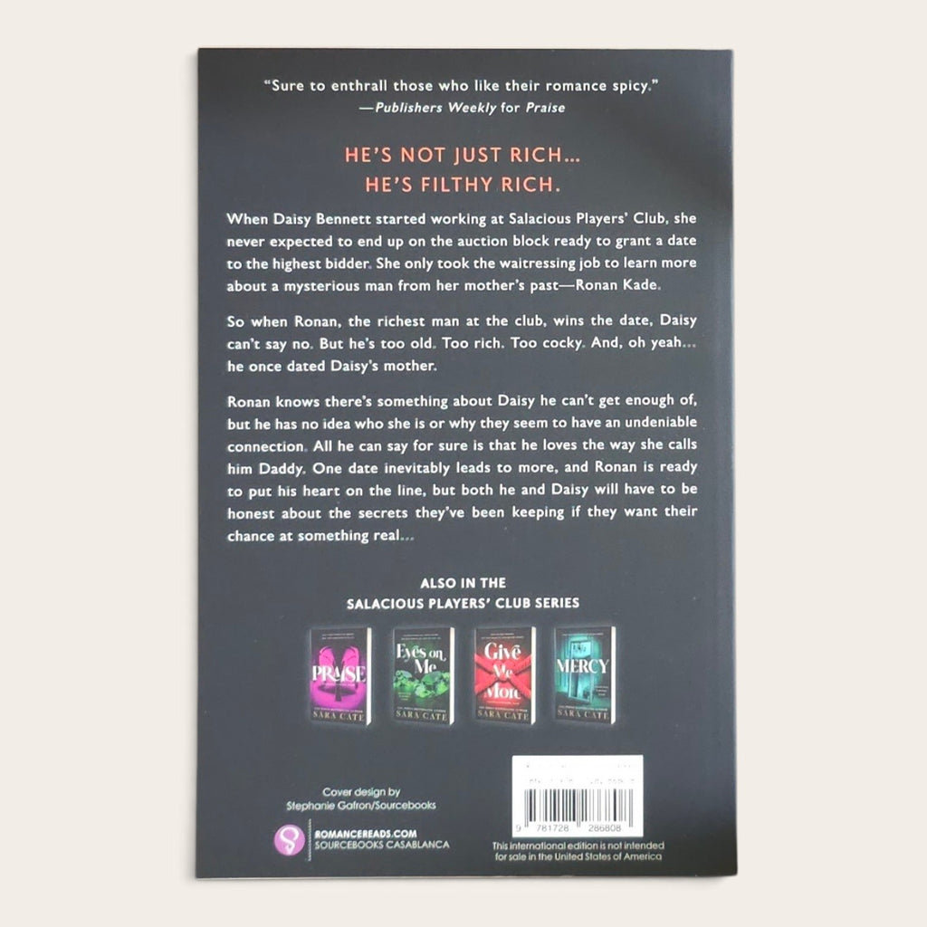 The back cover of a romance novel book, featuring a dark gray background with white and orange text, three colorful book cover previews, and a barcode at the bottom.