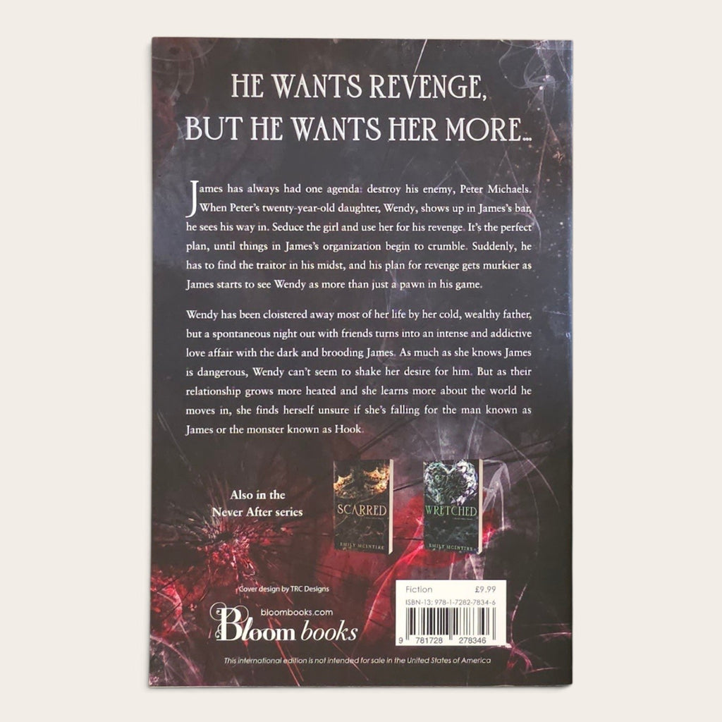 The back cover of the book 'Hooked by Emily McIntire , published by Bloom Books. The cover features a dark, textured background with red and black abstract patterns, white title text, a synopsis of the plot, and three book cover thumbnails for 'Scared' and 'Wretched'.