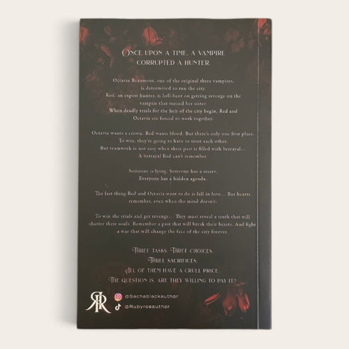 A book with a dark charcoal background and red floral accents, photographed against a light neutral background. The front features text 'Once Upon a Time a Vampire Corrupted a Hunter' with multiple stanzas and small red decorative elements near the top and bottom corners.