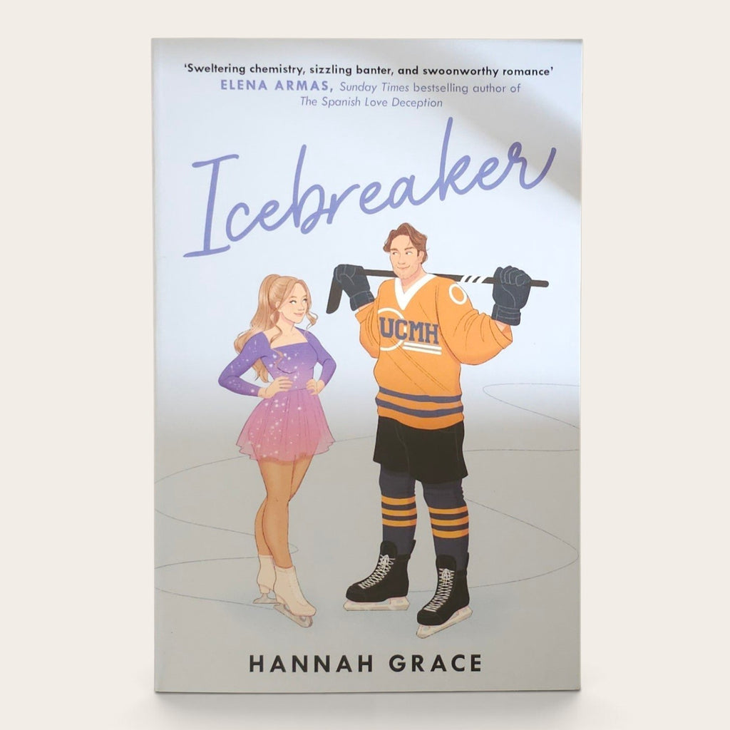 The book cover of 'Icebreaker' by Hannah Grace, featuring an illustration of a woman in a purple and pink ice skater outfit next to a man in an orange hockey jersey holding a hockey stick, set against a light gray background.