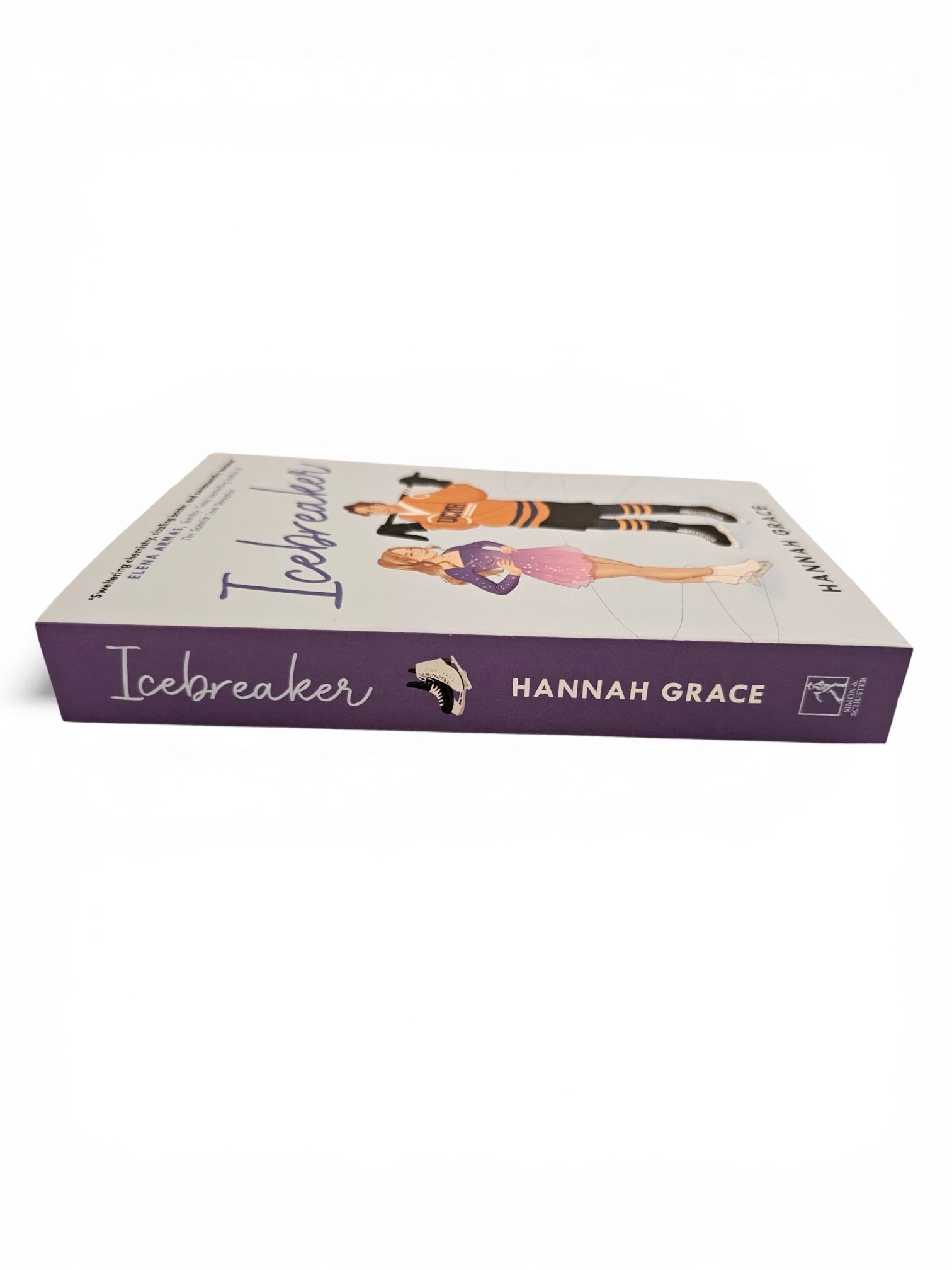 The book 'Icebreaker' by Hannah Grace, featuring a white cover with purple side panels and an illustration of a man and woman in athletic wear, shown on a plain white background.