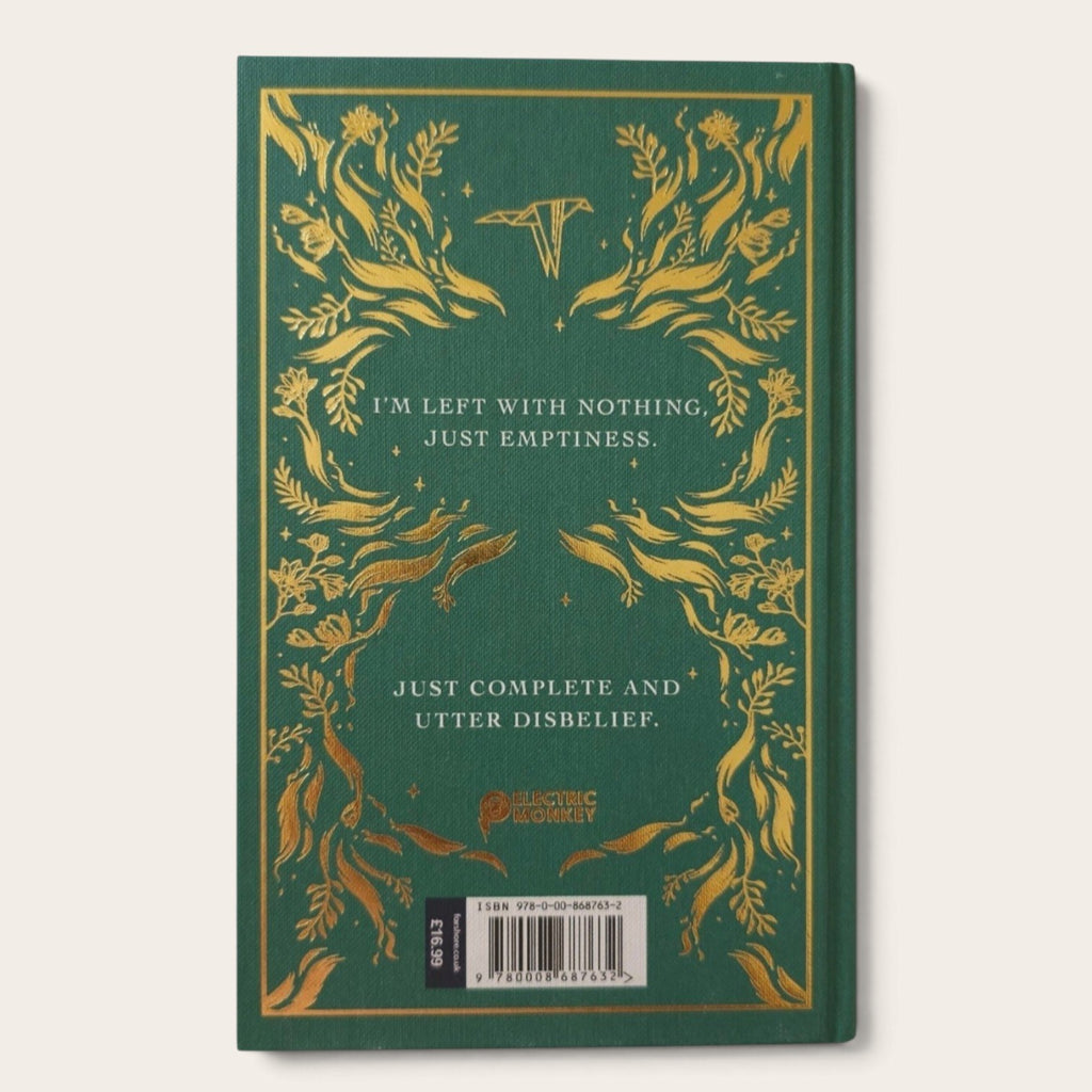 The back cover of a hardcover book, featuring a dark green background with ornate gold foil illustrations of birds and foliage. White text reads 'I'M LEFT WITH NOTHING JUST EMPTINESS'.