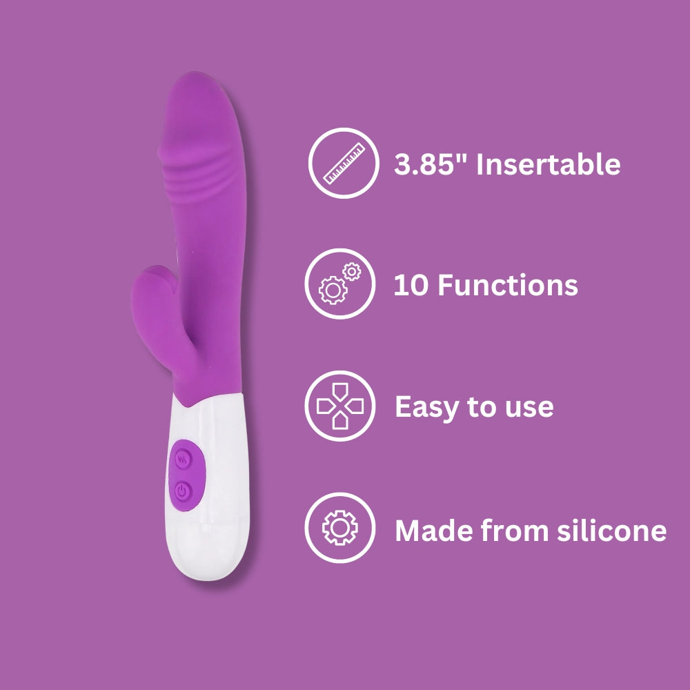 Purple and white rabbit vibrator on a purple background with features listed.
