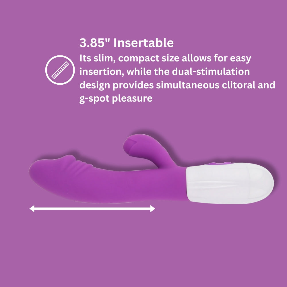 Purple and white vibrator with text on a purple background