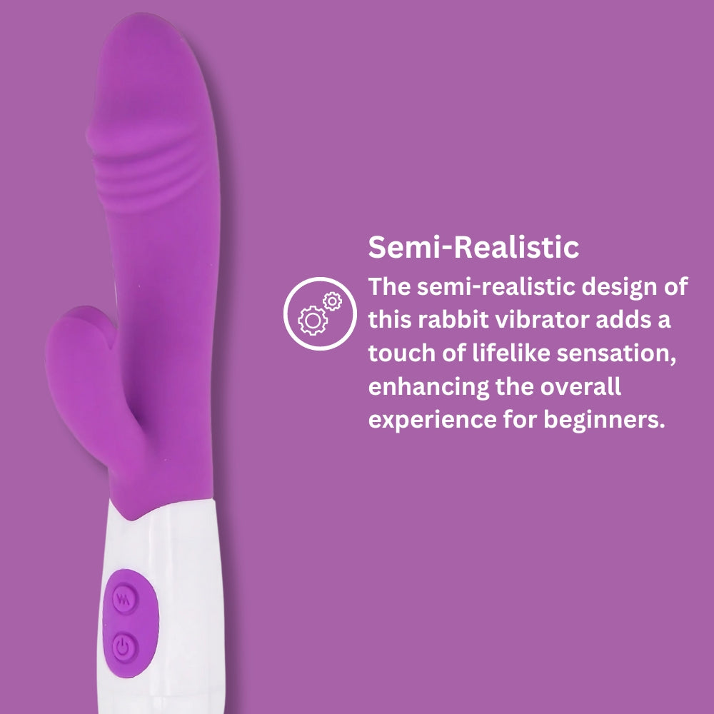 Purple and white rabbit vibrator on a purple background with text about its design.