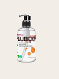 A clear plastic pump bottle of LUBIDO Aloe Infused Water Based Anal Ease Lubricant with a black pump dispenser, shown against a solid light beige background.
