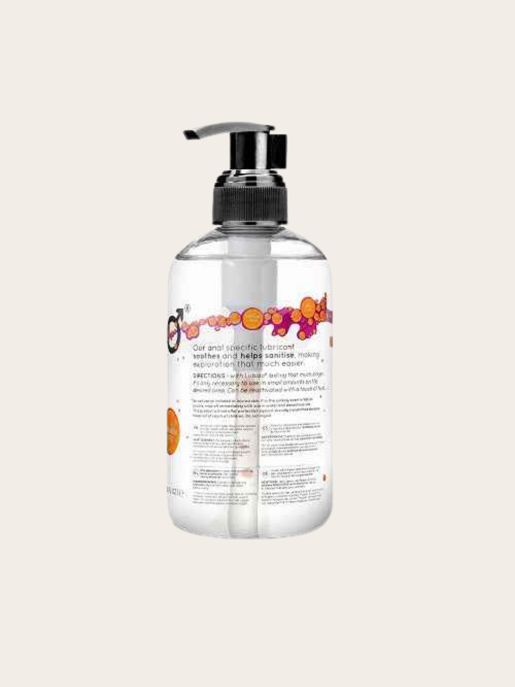 A clear pump bottle of Anal lube from lubido with a black dispenser, against a solid light beige background.