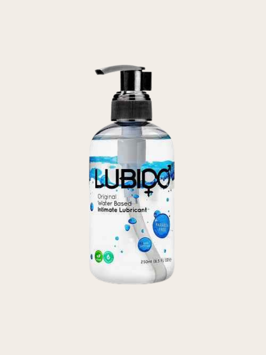 A bottle of Lubido water-based intimate lubricant with a black pump dispenser, shown against a solid light beige background.