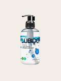 A bottle of Lubido water-based intimate lubricant with a black pump dispenser, shown against a solid light beige background.