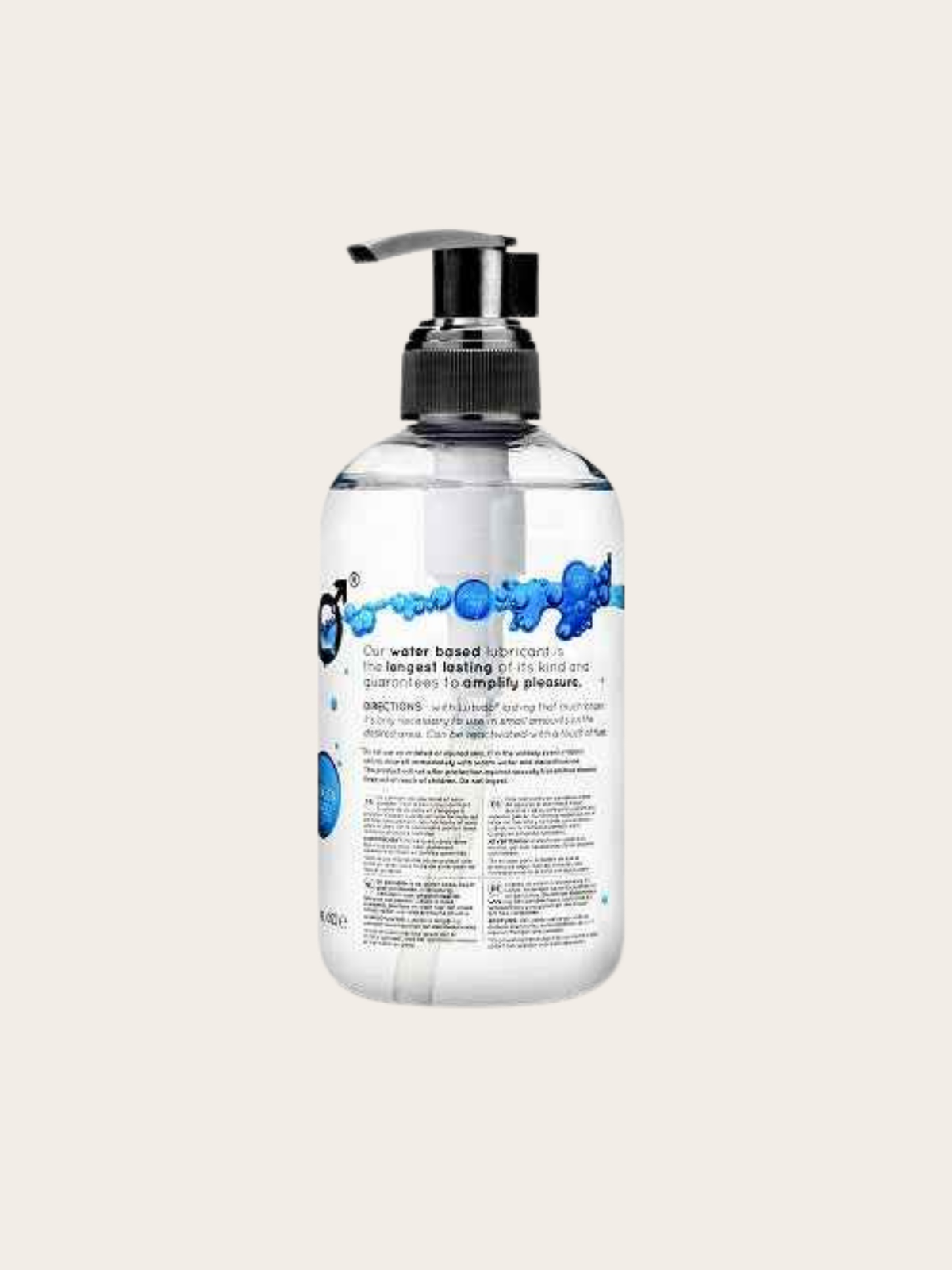 A clear pump bottle of water-based lubricant with a black dispenser, featuring blue water splash graphics and dense product text on the front, set against a solid light beige background.
