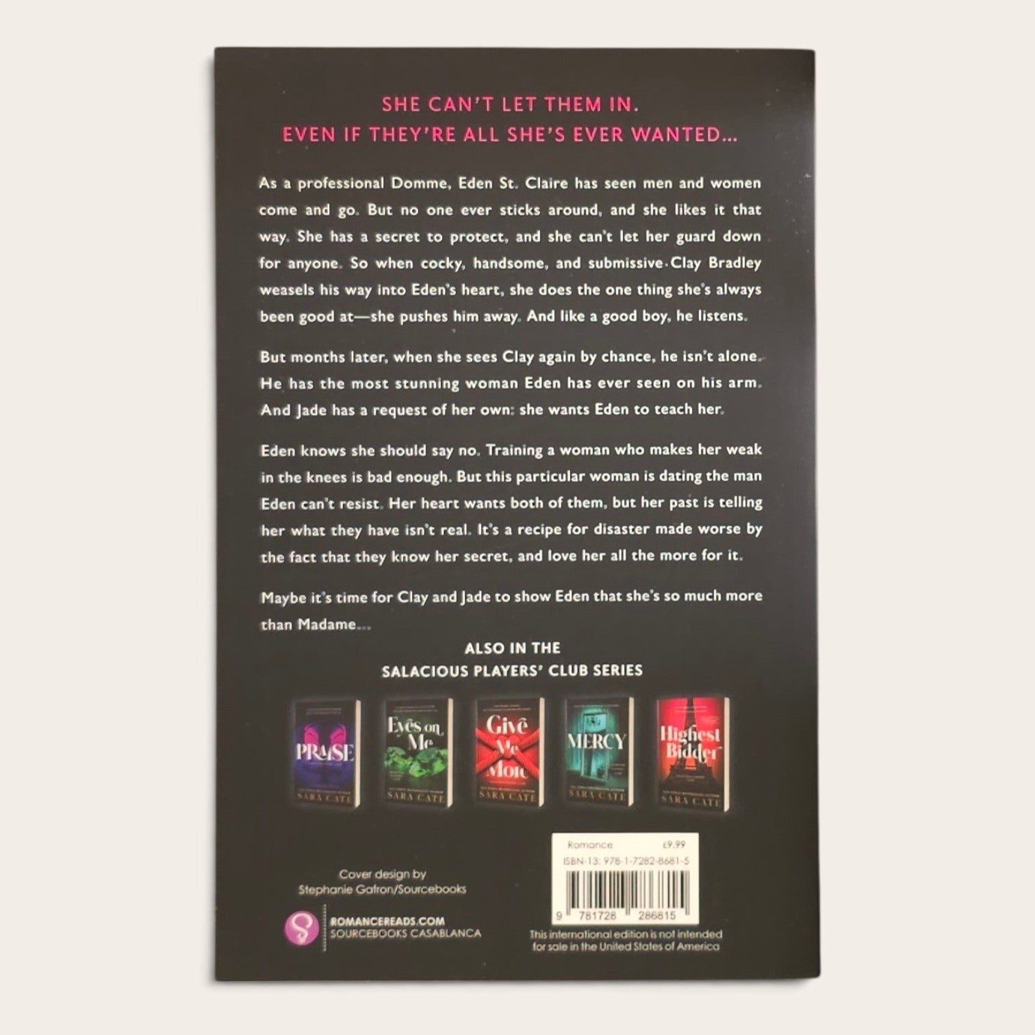 The back cover of the book 'Madame by Sara Cate, featuring a black background with pink and white text, character summaries, and five book cover thumbnails for the Salacious Players Series.