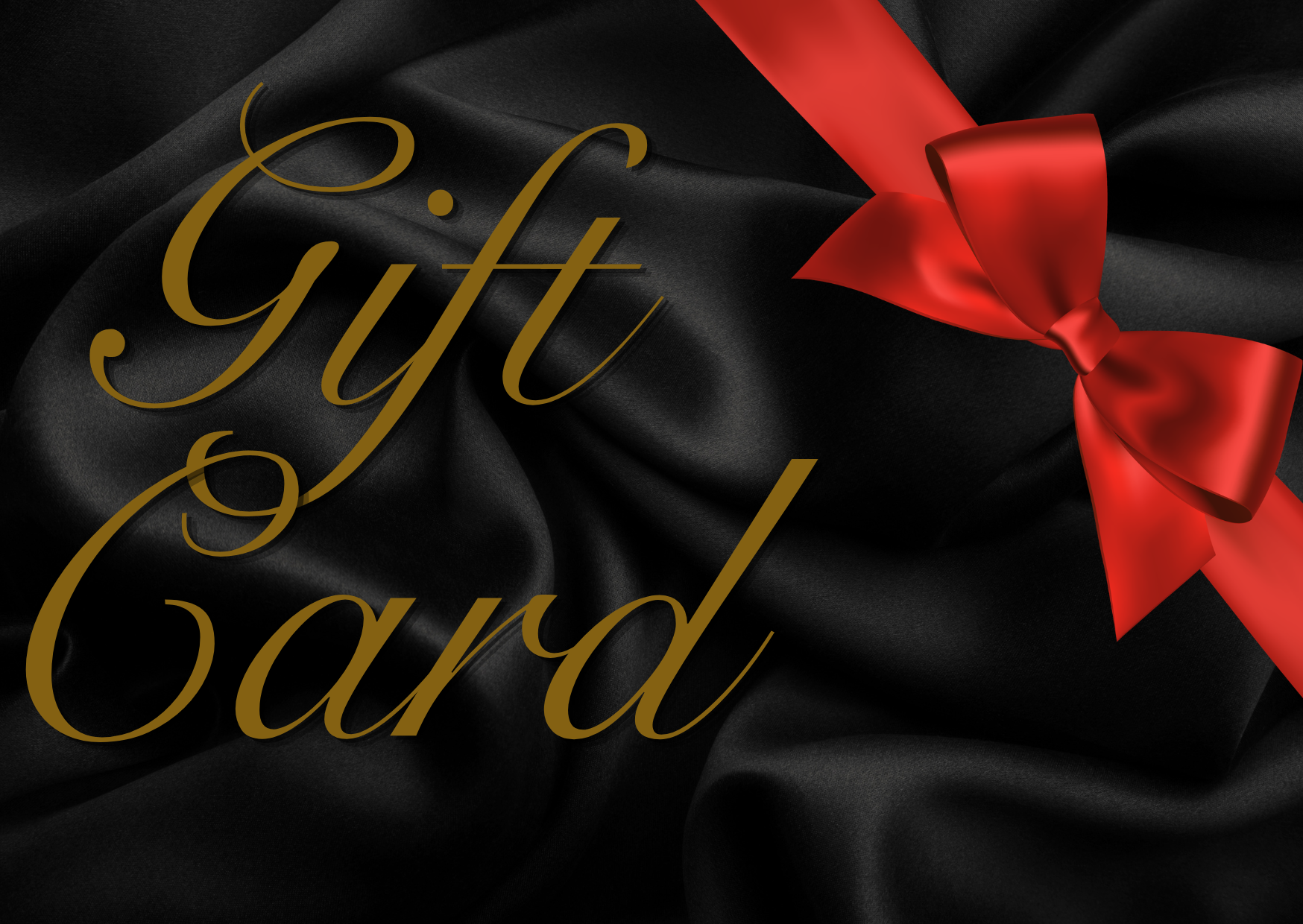 A black gift card design with elegant gold cursive text reading 'Gift Card' over a black satin-like background, accented by a bright red ribbon and bow.