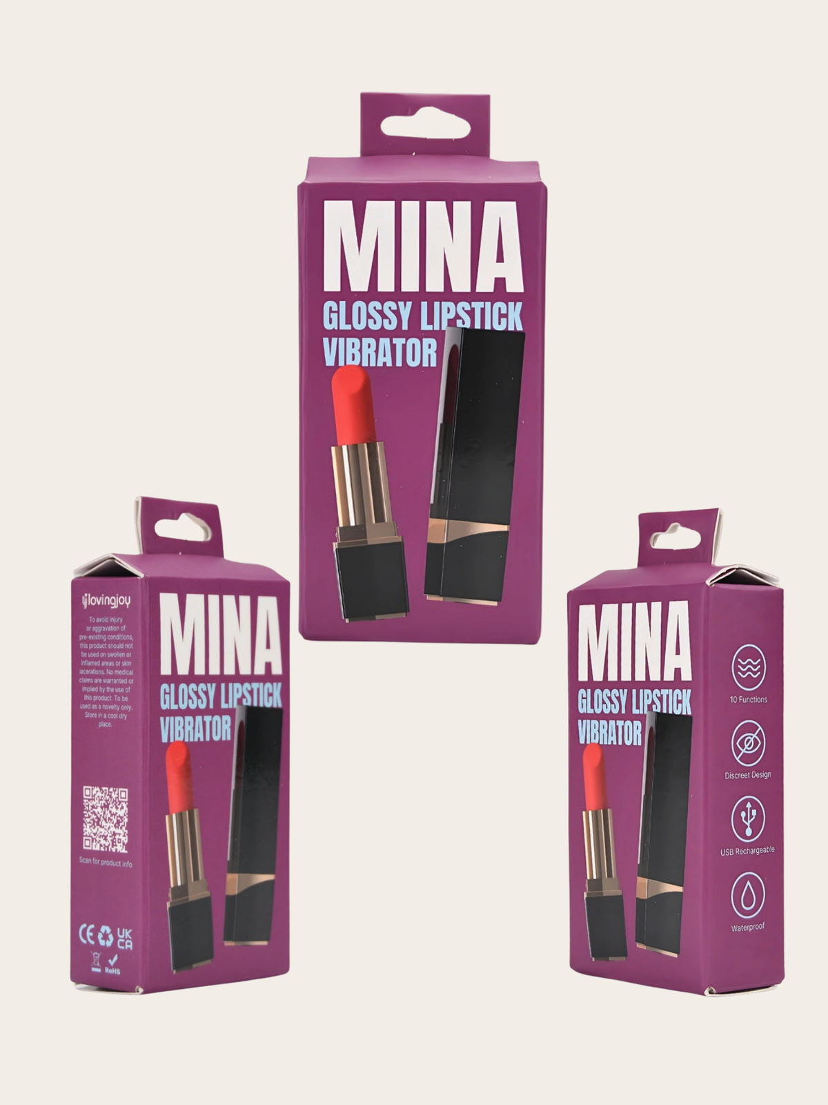 Mina Lipstick Vibrator box shown from both sides and the front