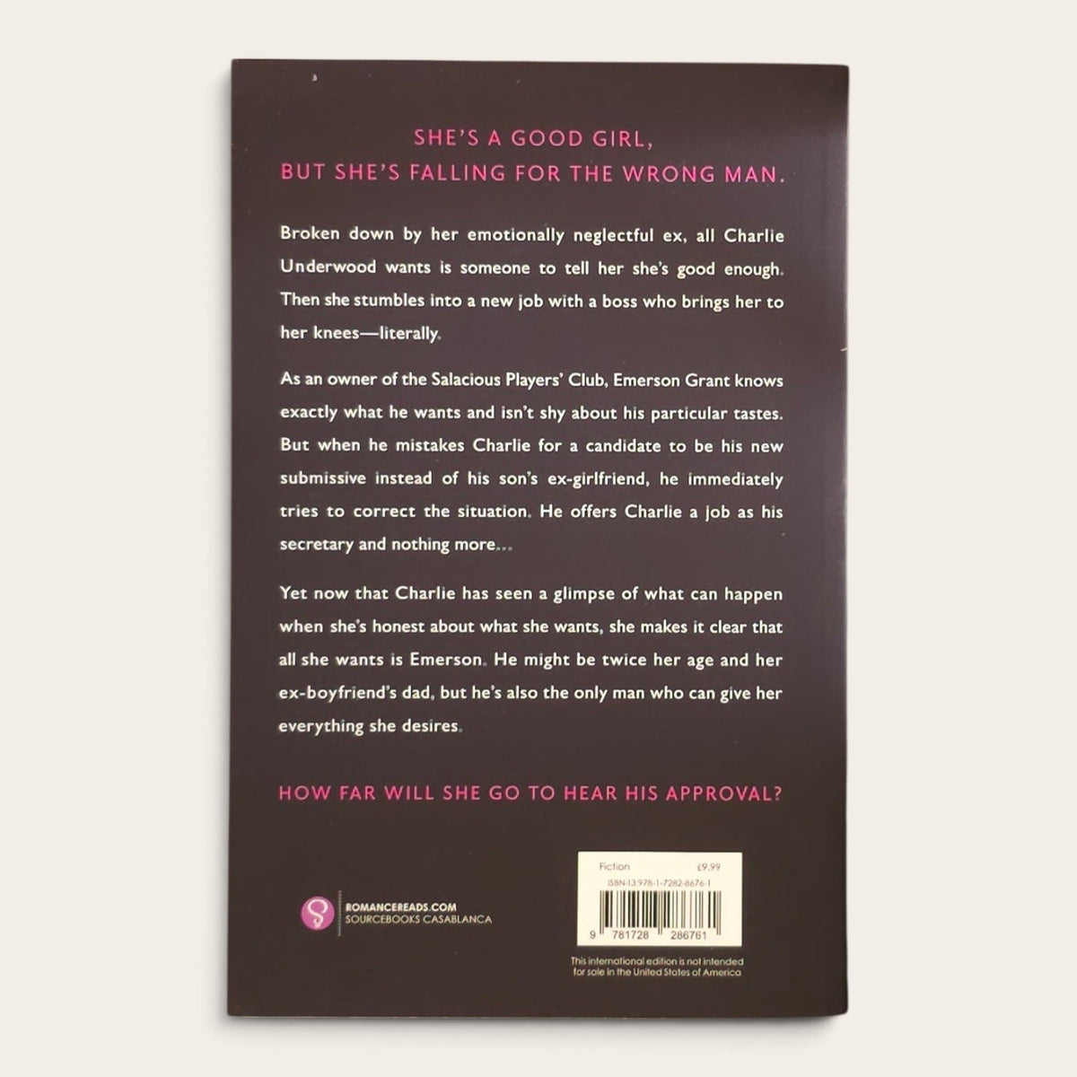 The back cover of a book titled 'Praise By Sara Cate, featuring a dark brown background with pink and white text and a barcode.