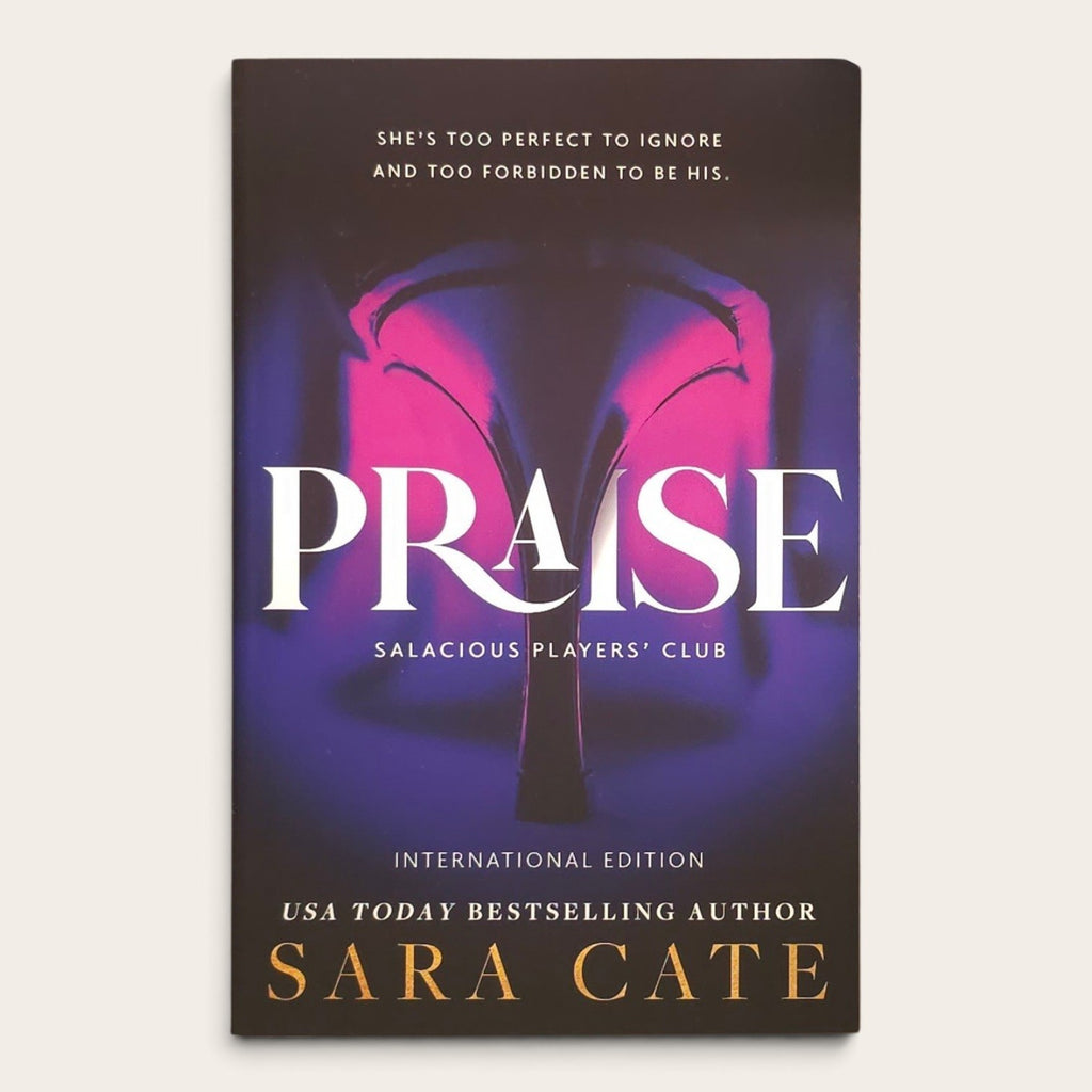 Book cover of 'Praise: Salacious Players' Club' by Sara Cate, featuring a dark purple and black background with a pinkish-purple abstract design, white title text, and gold author name on a light beige background.